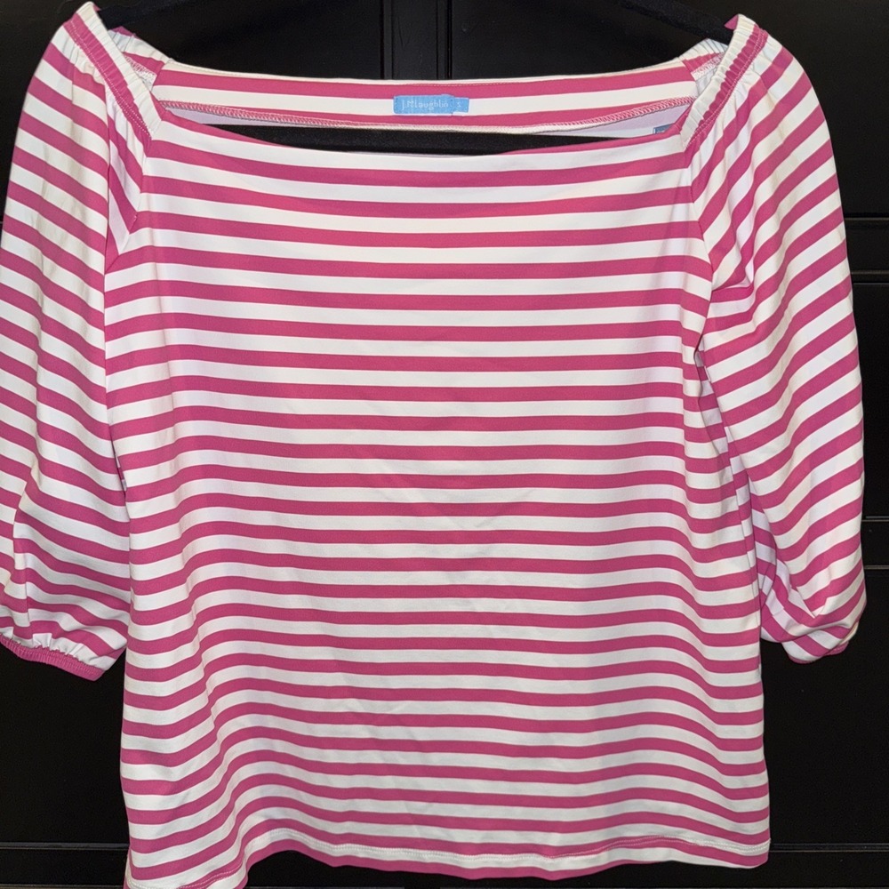 J. McLaughlin Women's Pink White Striped Off Shoulder Blouse Small 3/4 Sleeve